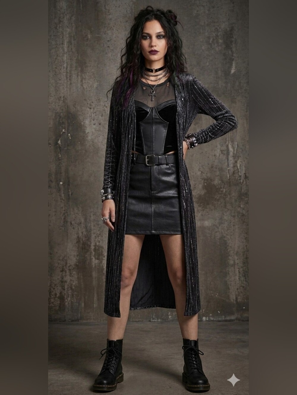 Puuwai Black Velvet Sequin Duster Cardigan Tie Front Medium Large Whimsigoth